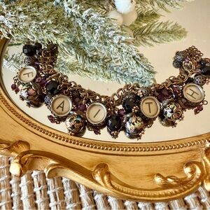 Vintage Style Charm Bracelet w/ FAITH Amethyst + Black Glass Beads Bronze Chain